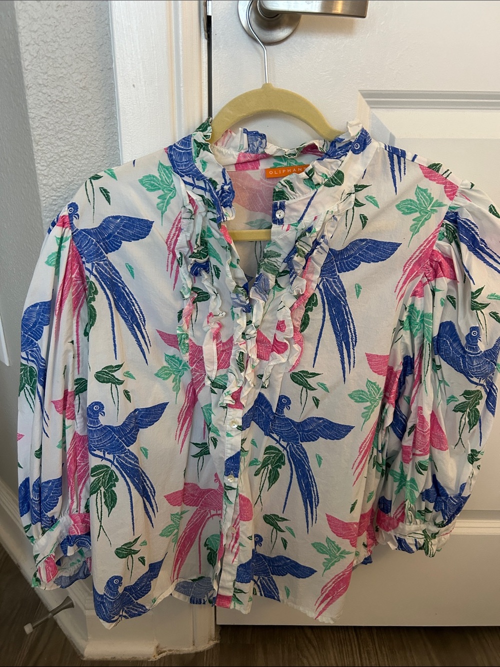 Oliphant White Blouse with Blue, Pink & Green Parrot Print - Picture 2 of 4